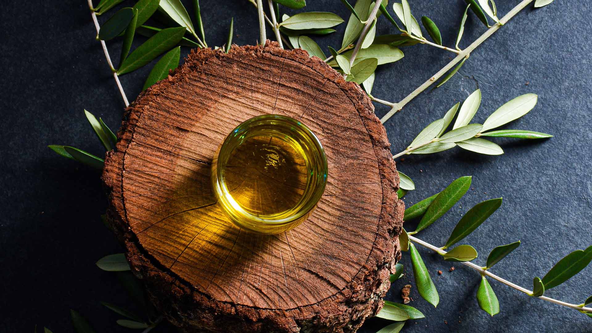 Glas mit Olivenöl auf Baumstamm als Untersetzer